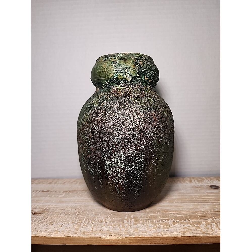 Janka Raku Pottery Vase Vessel Green Rust Orange 7" Handmade Wheel Thrown